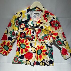 Erin London Floral Blazer Sz 8 Yellow Tropical Button Up Shirt Jacket Stretch